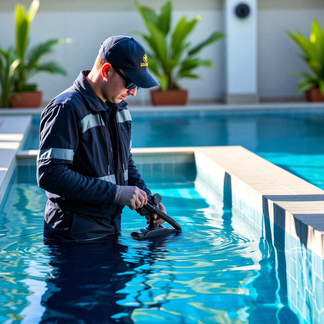 Technician servicing pool